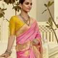 Blush Pink Silk Saree Intricate Gold Zari Peacock Motif Festive Wear Saree