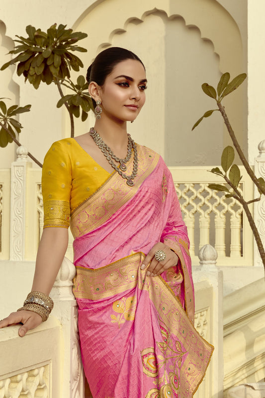 Blush Pink Silk Saree Intricate Gold Zari Peacock Motif Festive Wear Saree