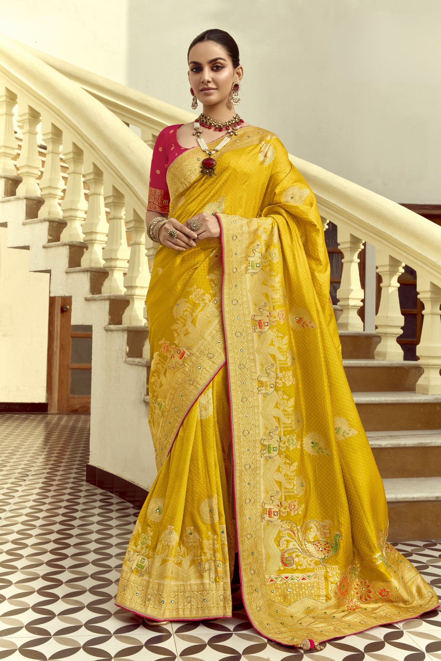 Mustard Yellow Silk Saree Intricate Zari Traditional Motifs Festive Wear Saree