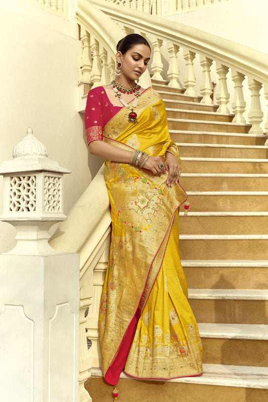 Mustard Yellow Silk Saree Intricate Zari Traditional Motifs Festive Wear Saree