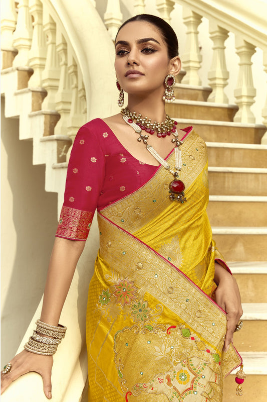 Mustard Yellow Silk Saree Intricate Zari Traditional Motifs Festive Wear Saree