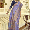 Lavender Banarasi Silk Saree Heavy Golden Zari  Peacock Elephant Border