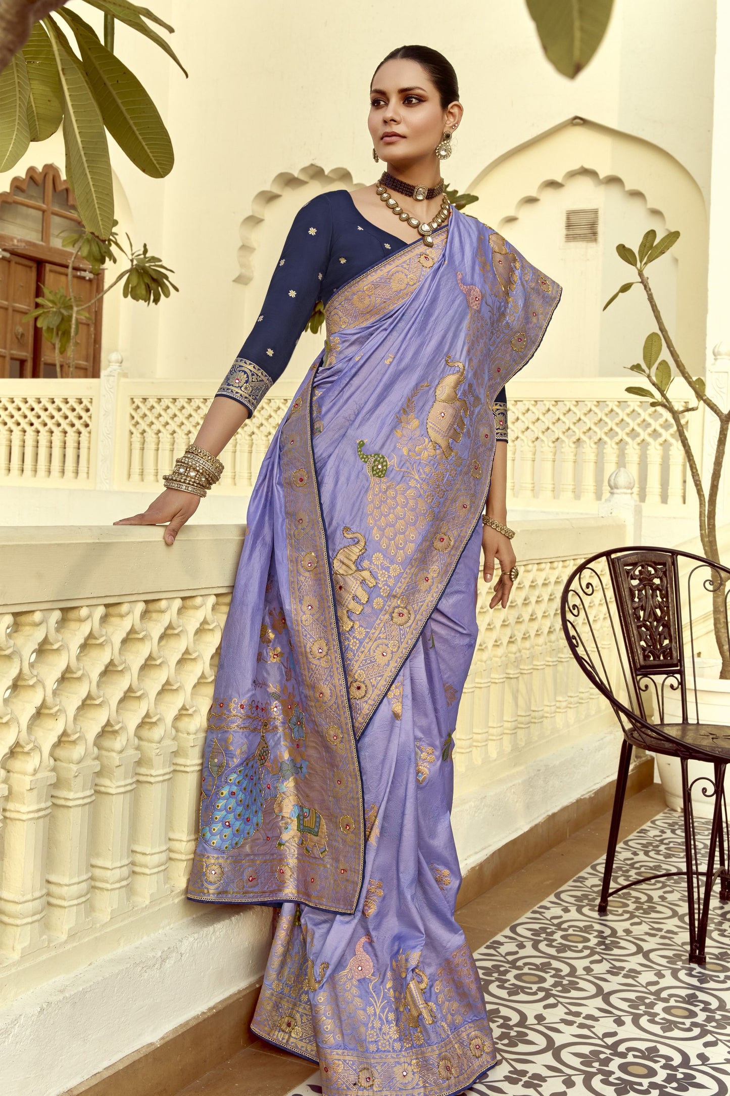 Lavender Banarasi Silk Saree Heavy Golden Zari  Peacock Elephant Border