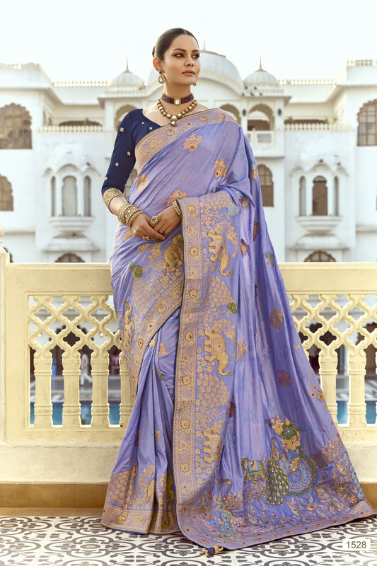 Lavender Banarasi Silk Saree Heavy Golden Zari  Peacock Elephant Border