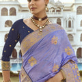 Lavender Banarasi Silk Saree Heavy Golden Zari  Peacock Elephant Border