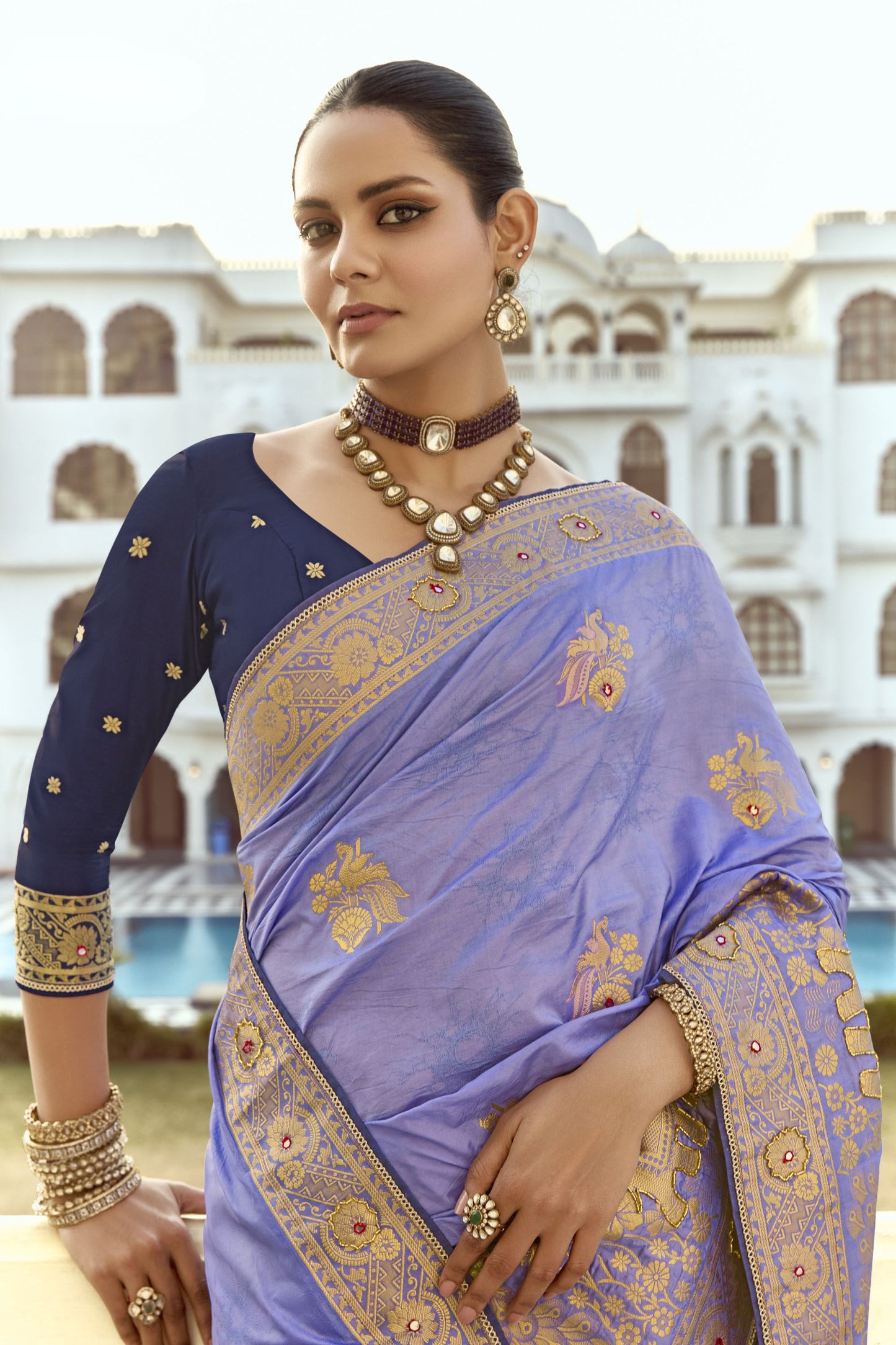 Lavender Banarasi Silk Saree Heavy Golden Zari  Peacock Elephant Border