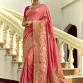 Pink Banarasi Silk Saree Heavy Golden Zari Rich Peacock Temple Border 