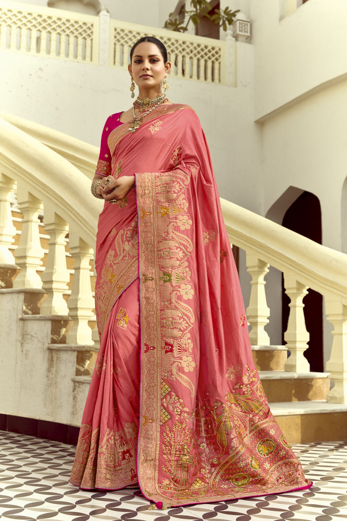 Pink Banarasi Silk Saree Heavy Golden Zari Rich Peacock Temple Border 