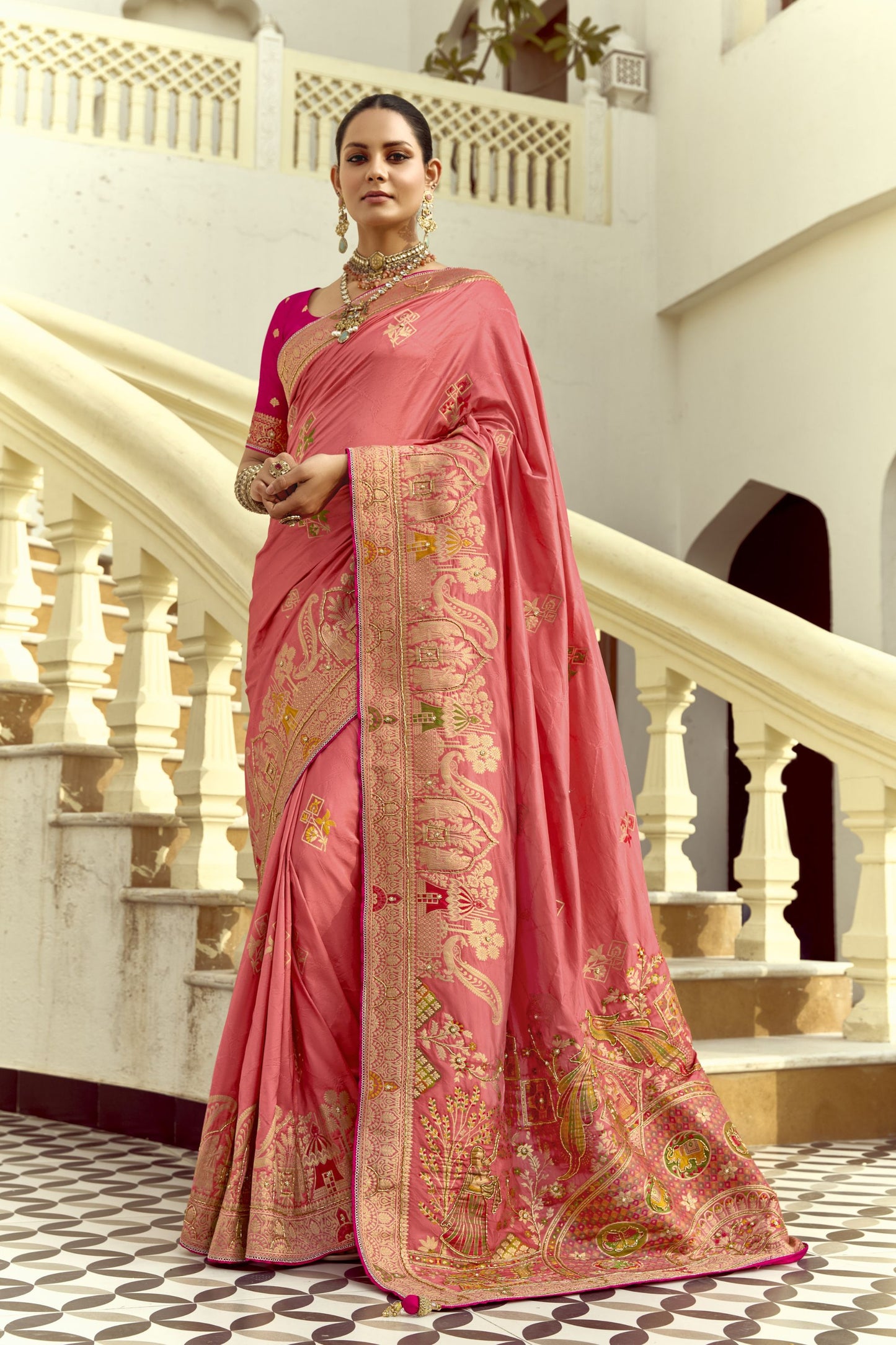 Pink Banarasi Silk Saree Heavy Golden Zari Rich Peacock Temple Border 