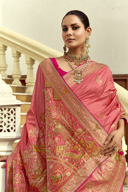 Pink Banarasi Silk Saree Heavy Golden Zari Rich Peacock Temple Border