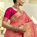 Pink Banarasi Silk Saree Heavy Golden Zari Rich Peacock Temple Border
