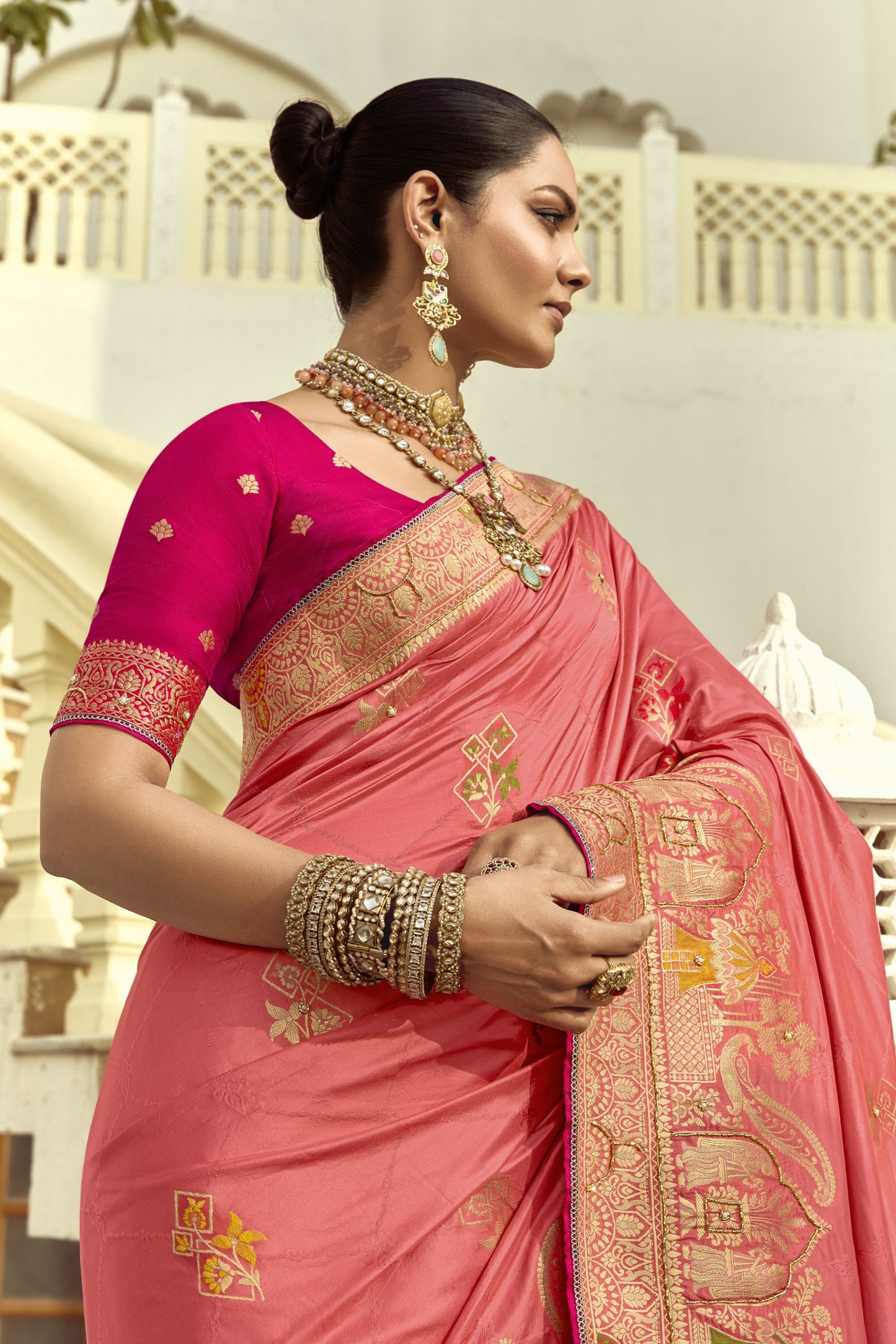 Pink Banarasi Silk Saree Heavy Golden Zari Rich Peacock Temple Border