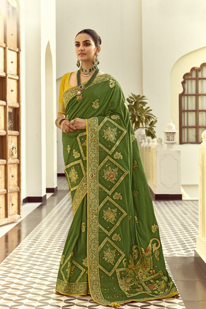 Green Banarasi Silk Saree with Heavy Zari Weaving Diamond Motifs Saree