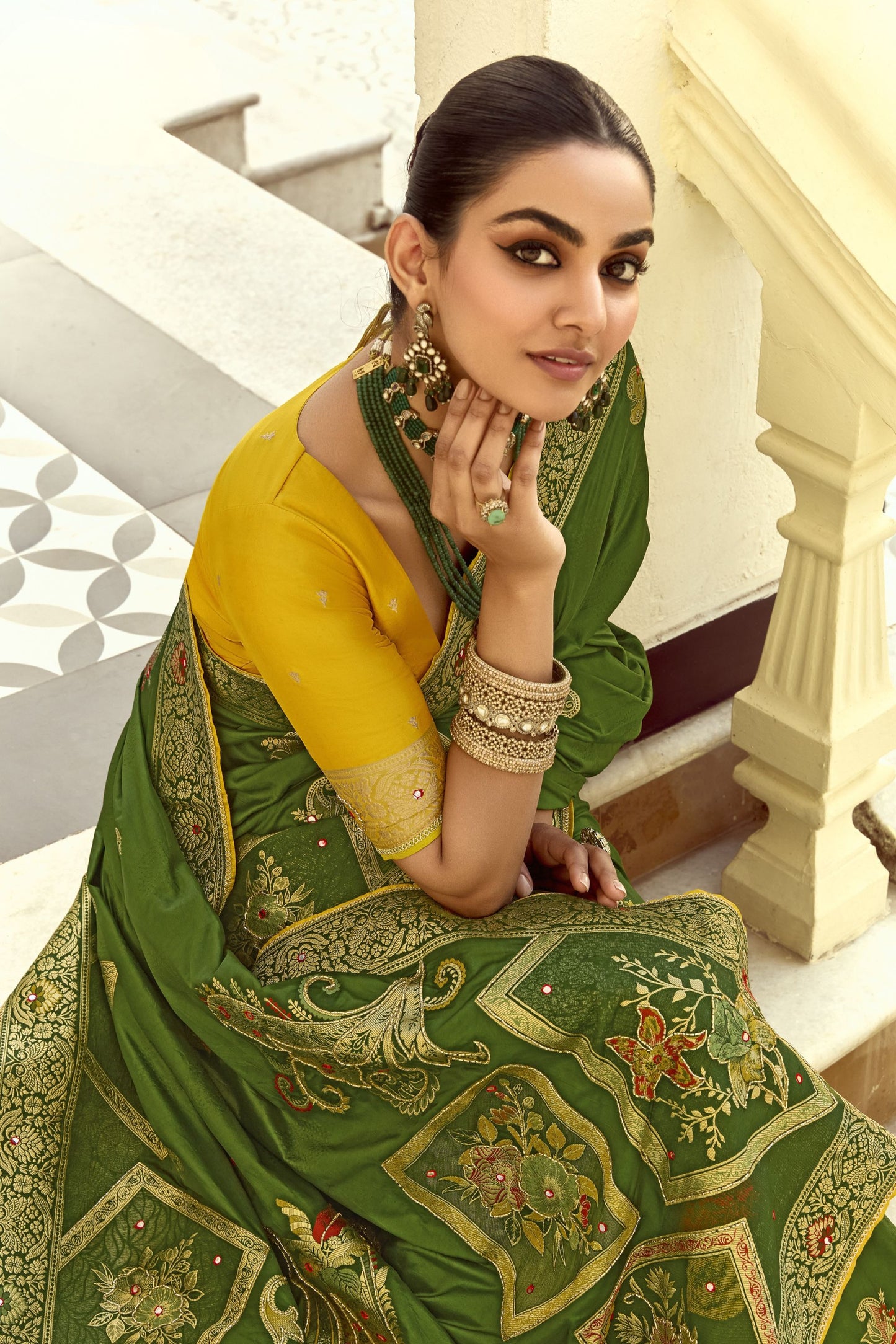 Green Banarasi Silk Saree with Heavy Zari Weaving Diamond Motifs Saree