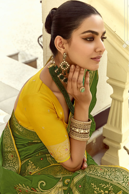 Green Banarasi Silk Saree with Heavy Zari Weaving Diamond Motifs Saree