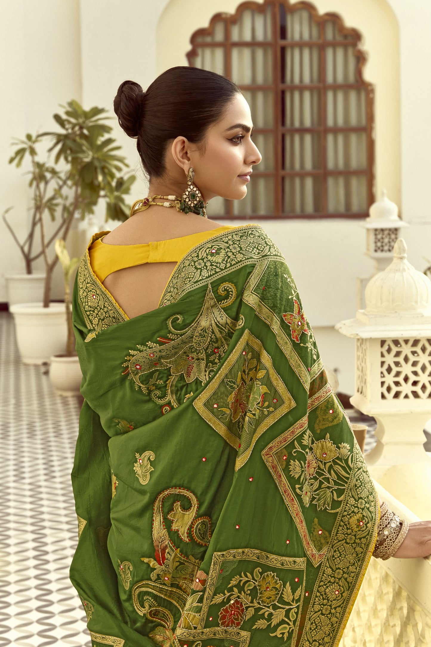 Green Banarasi Silk Saree with Heavy Zari Weaving Diamond Motifs Saree