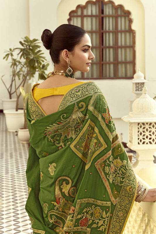 Green Banarasi Silk Saree with Heavy Zari Weaving Diamond Motifs Saree