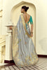 Grey Silk Saree with Rich Gold Zari Embroidery Contrast Teal Blouse