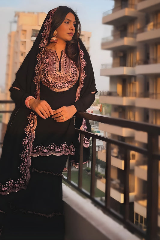 Elegant Black Faux Georgette Embroidered Sharara Suit Designer Dupatta