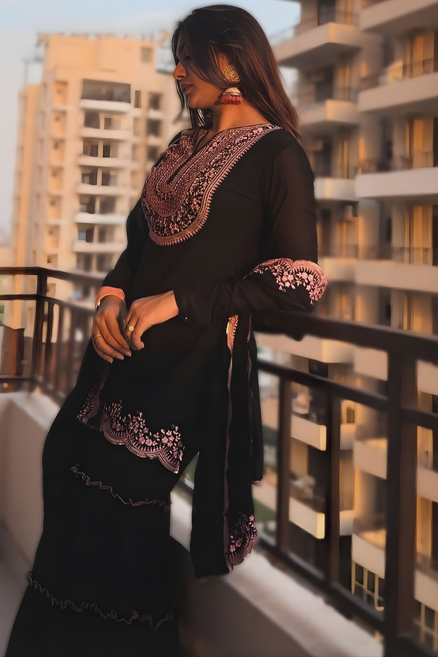 Elegant Black Faux Georgette Embroidered Sharara Suit Designer Dupatta