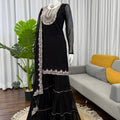 Elegant Black Faux Georgette Embroidered Sharara Suit Designer Dupatta