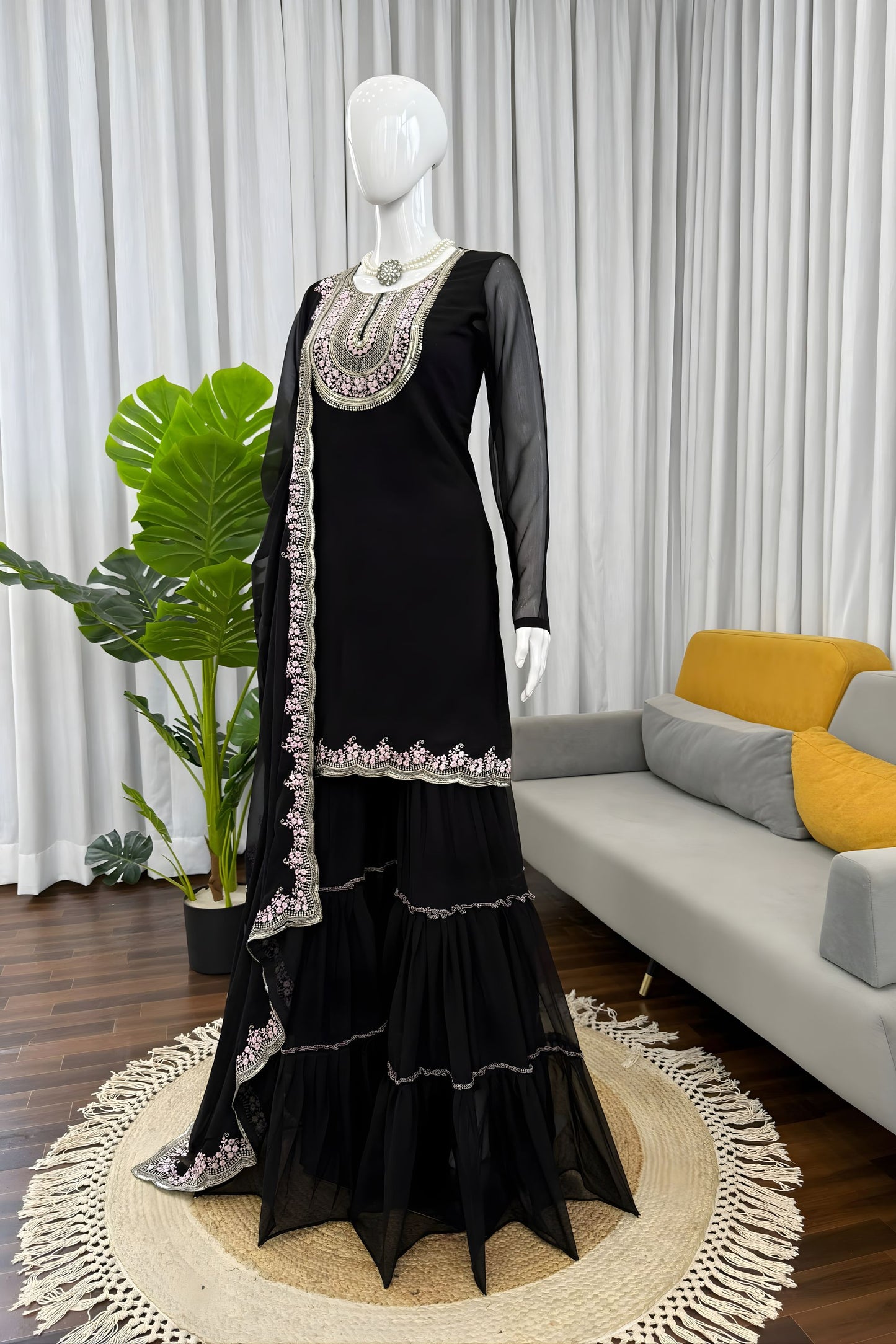 Elegant Black Faux Georgette Embroidered Sharara Suit Designer Dupatta