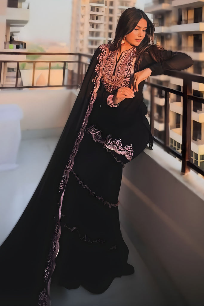 Elegant Black Faux Georgette Embroidered Sharara Suit Designer Dupatta for Women