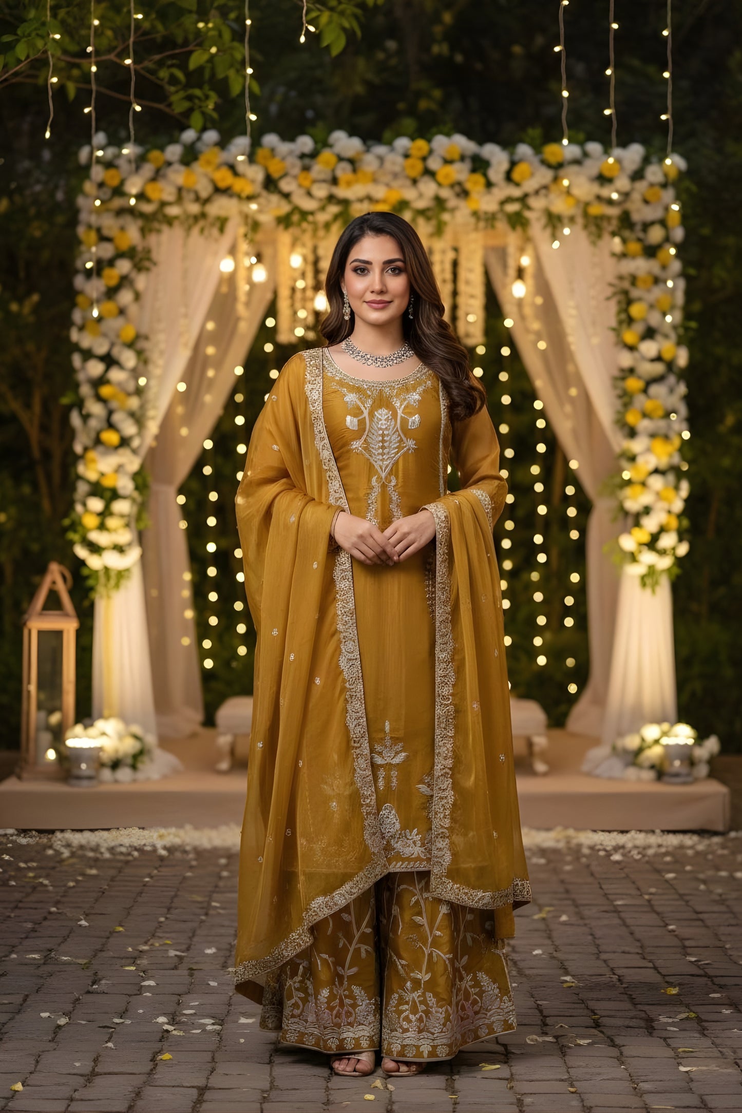 Designer Mustard Yellow JMC Silk Embroidered Readymade Palazzo Suit with Dupatta