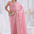  Pink Satin Silk Saree with Stone Work Border Designer Blouse