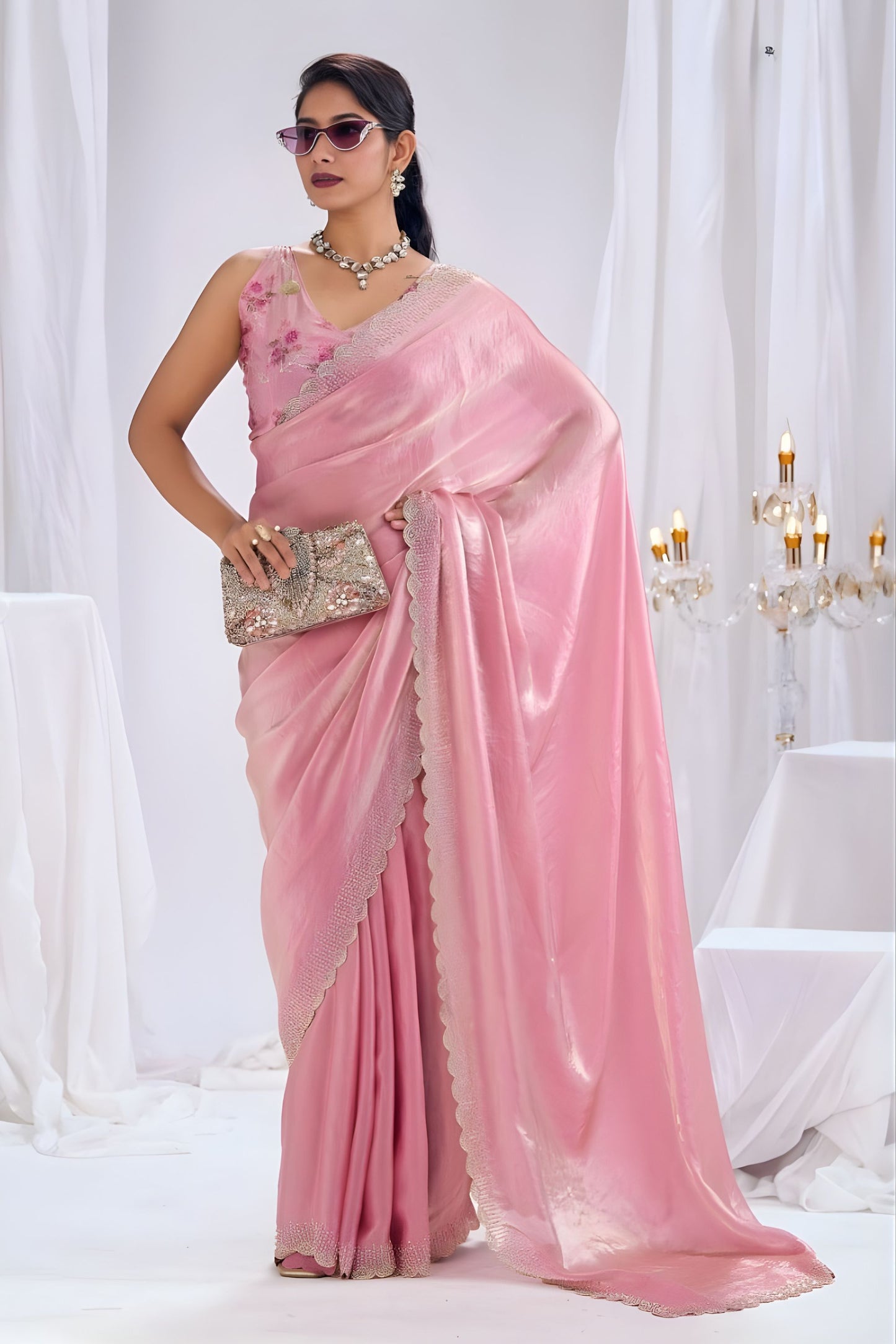  Pink Satin Silk Saree with Stone Work Border Designer Blouse