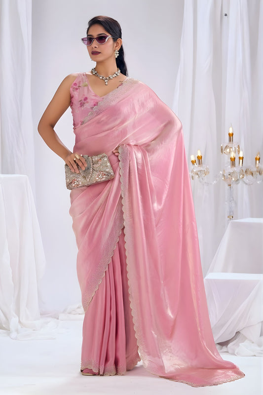  Pink Satin Silk Saree with Stone Work Border Designer Blouse