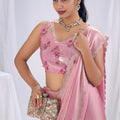 Pink Satin Silk Saree with Stone Work Border Designer Blouse