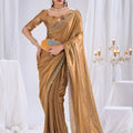 luxurious Brown Satin Silk Saree Stone Work Border Designer Blouse 