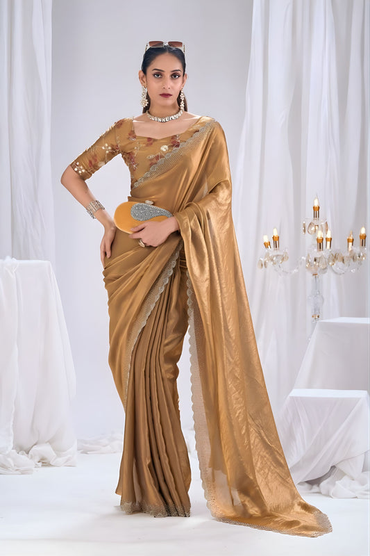luxurious Brown Satin Silk Saree Stone Work Border Designer Blouse 