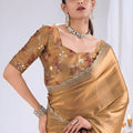 Luxurious Brown Satin Silk Saree Stone Work Border Designer Blouse