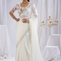 Elegant White Satin Silk Saree Stone Work Border Designer Floral Blouse