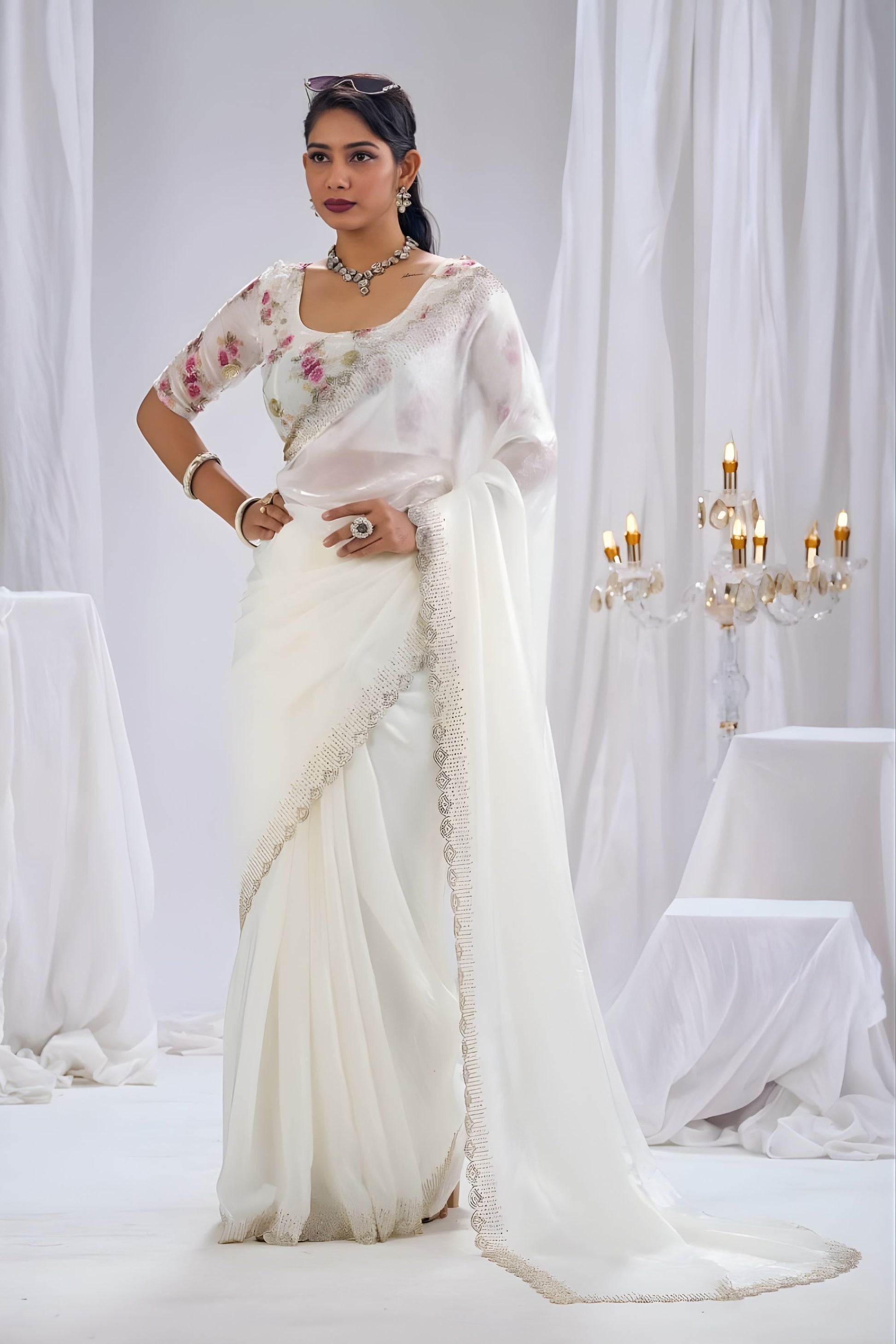 Elegant White Satin Silk Saree Stone Work Border Designer Floral Blouse