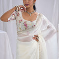 Elegant White Satin Silk Saree Stone Work Border Designer Floral Blouse