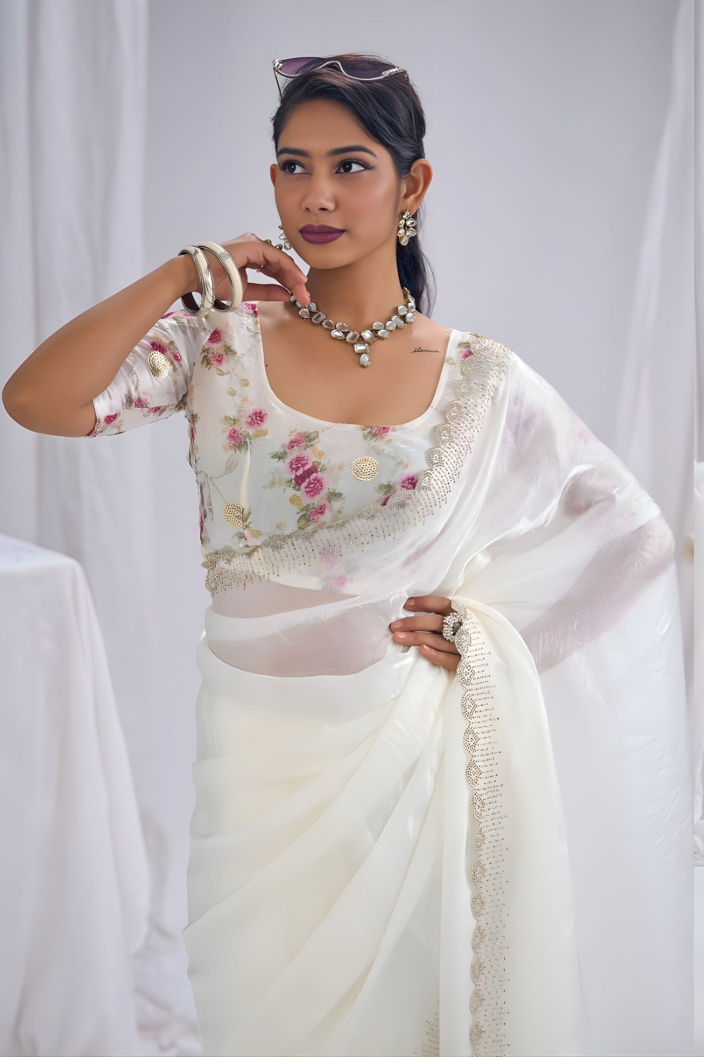 Elegant White Satin Silk Saree Stone Work Border Designer Floral Blouse