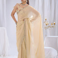 Lovely Cream Satin Silk Saree Stone Work Border Designer Floral Blouse 
