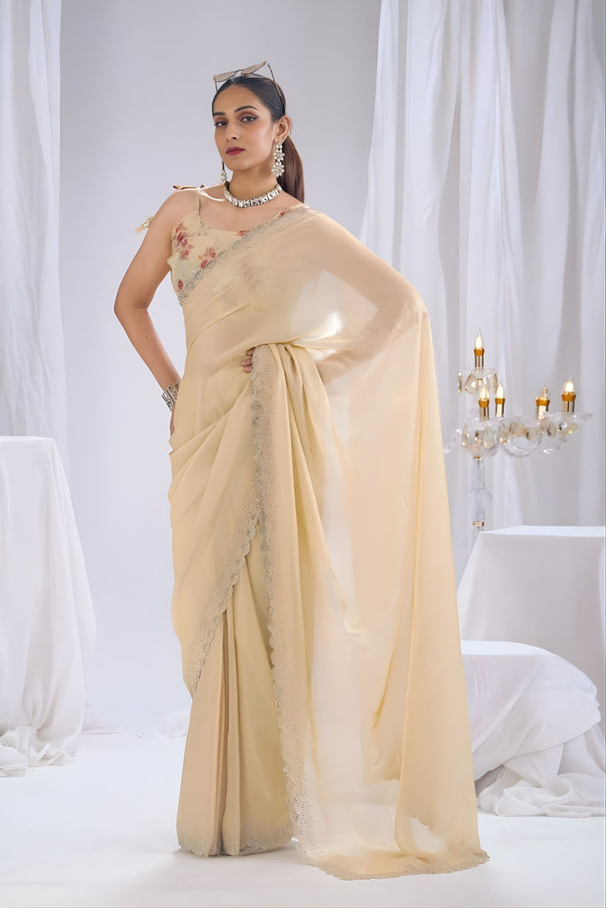 Lovely Cream Satin Silk Saree Stone Work Border Designer Floral Blouse 