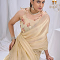 Lovely Cream Satin Silk Saree with Stone Work Border Designer Floral Blouse