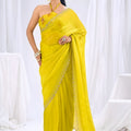 Wonderfull Yellow Satin Silk Saree Stone Work Border Designer Blouse