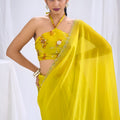 Wonderfull Yellow Satin Silk Saree Stone Work Border Designer Blouse