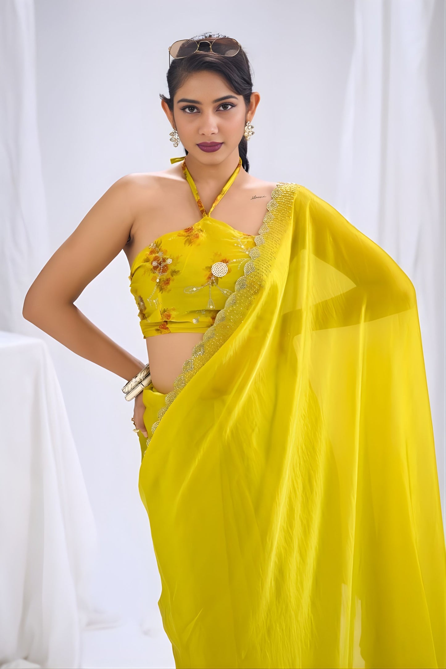 Wonderfull Yellow Satin Silk Saree Stone Work Border Designer Blouse