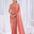 Elegant Peach Satin Silk Saree Stone Work Border Designer Floral Blouse