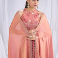 Elegant Peach Satin Silk Saree Stone Work Border Designer Floral Blouse