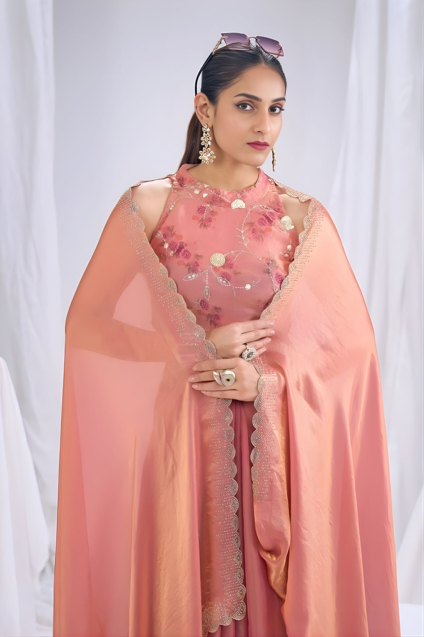 Elegant Peach Satin Silk Saree Stone Work Border Designer Floral Blouse