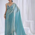 Beautifull Sky Blue Satin Silk Saree Stone Work Border Designer Blouse