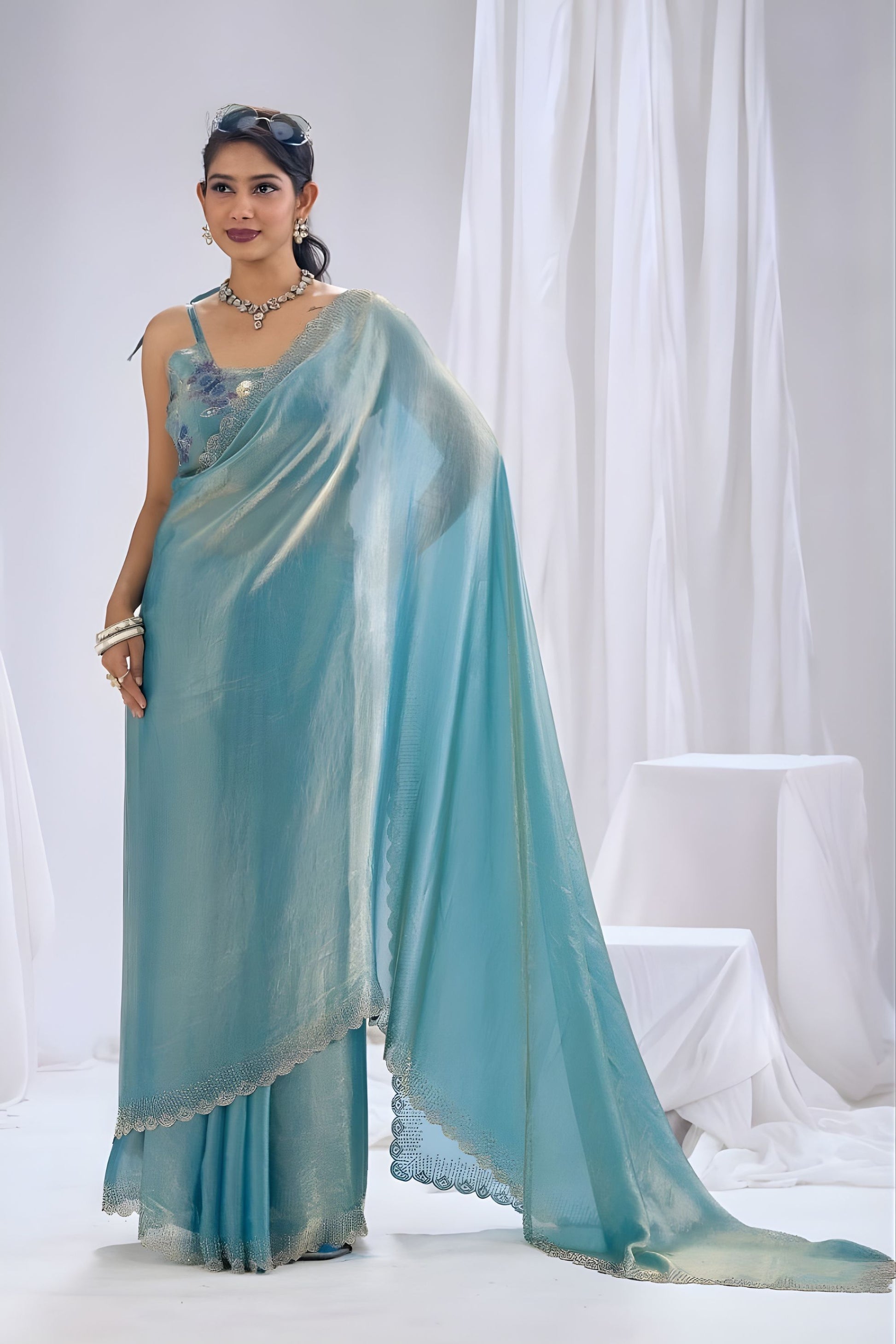 Beautifull Sky Blue Satin Silk Saree Stone Work Border Designer Blouse